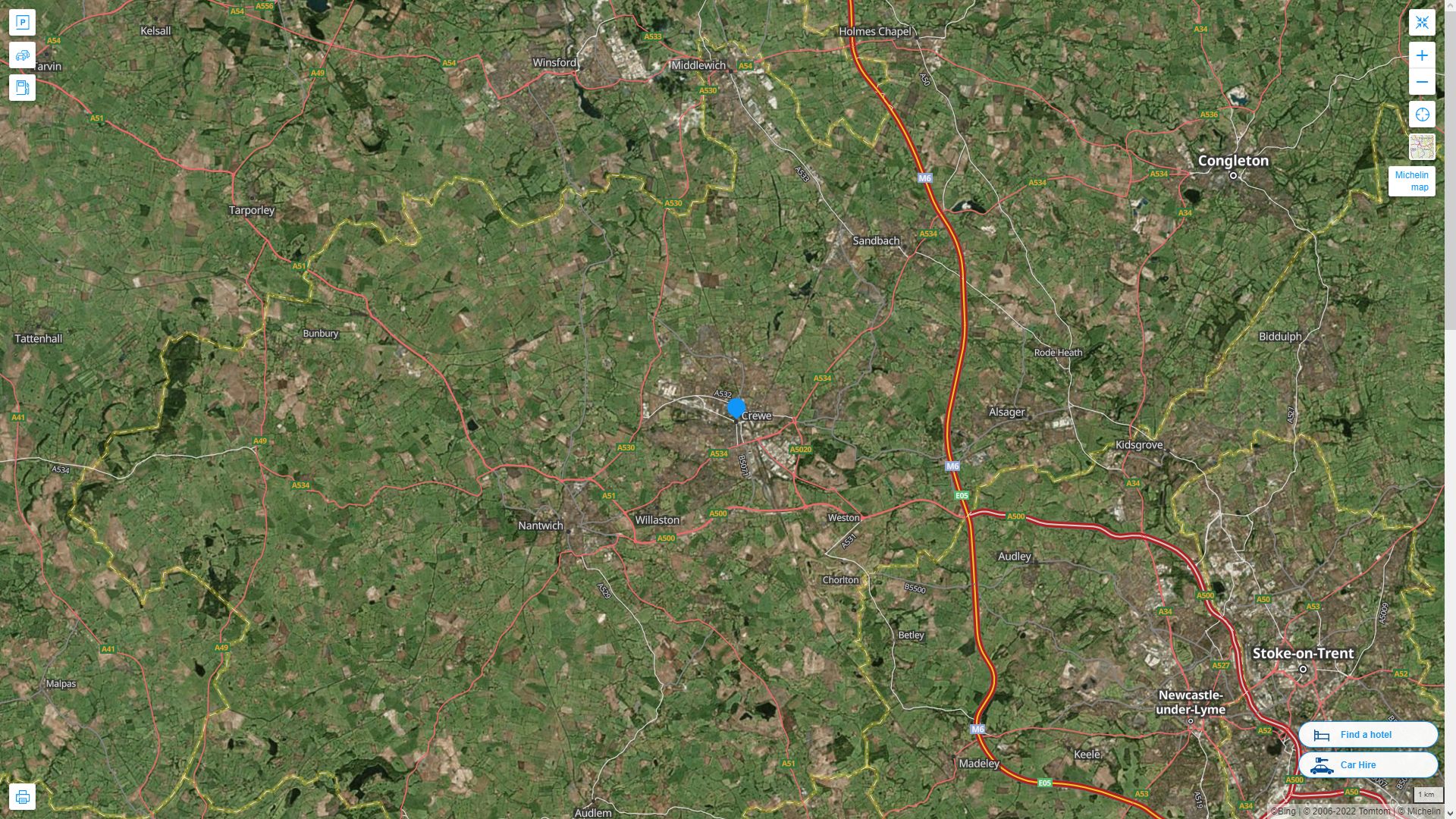Crewe Royaume Uni Autoroute et carte routiere avec vue satellite